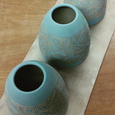 Freshly carved sgraffito pots
